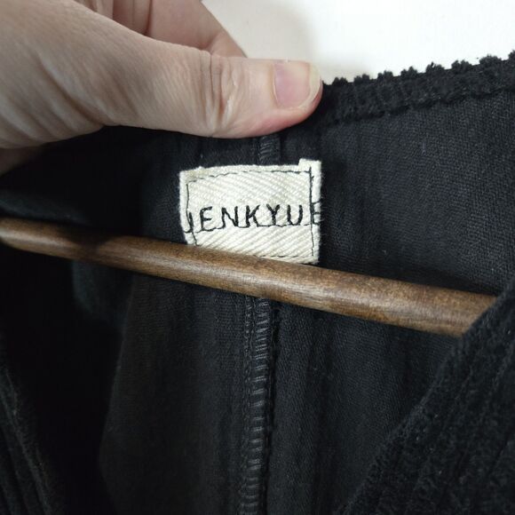 Enkyu Black Ribbed Jumpsuit Black V Neck Short Sleeve Streetwear Barrel Leg - Picture 4 of 7